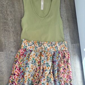 Floral Shorts and Green Tank Top Set Outfit